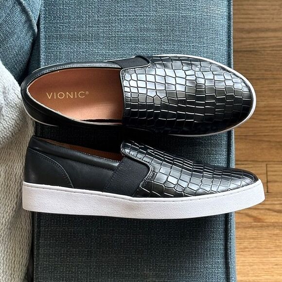 Vionic Demetra Black Croc Embossed Leather Slip On Sneaker Arch Support 9.5 - Picture 8 of 12